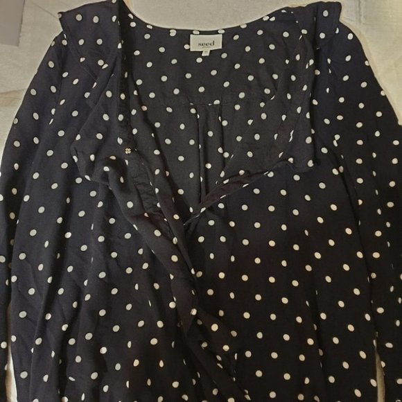 SEED HERITAGE AU-10 Dark Navy Blue/White Long Sleeve Top Polka Dot Ruffled Front - Picture 6 of 12